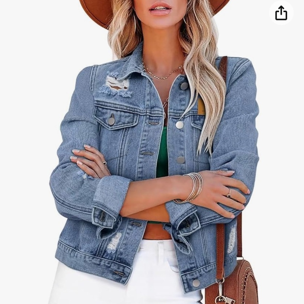 ZOLUCKY Womens Denim Jacket Distressed Frayed Ripped Jean Jacket Casual Sz:L